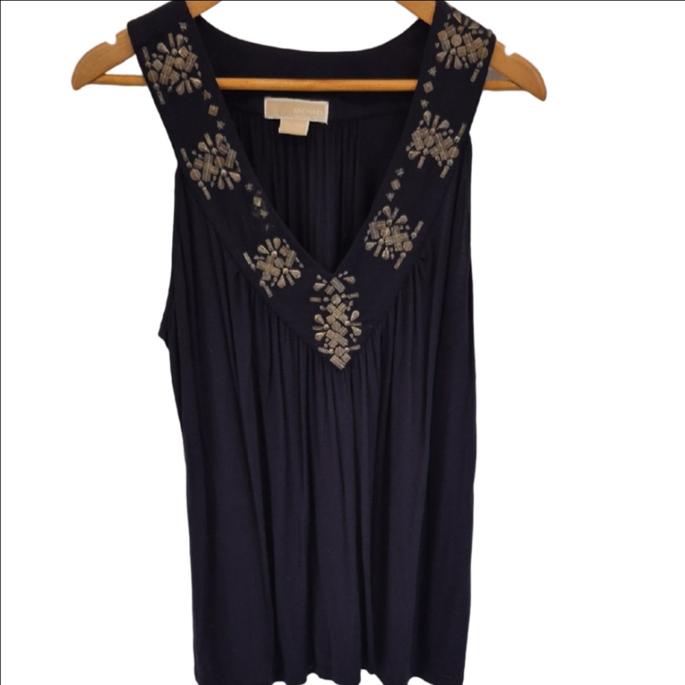 Michael Kors Navy Sleeveless V-Neck Embellished Tunic